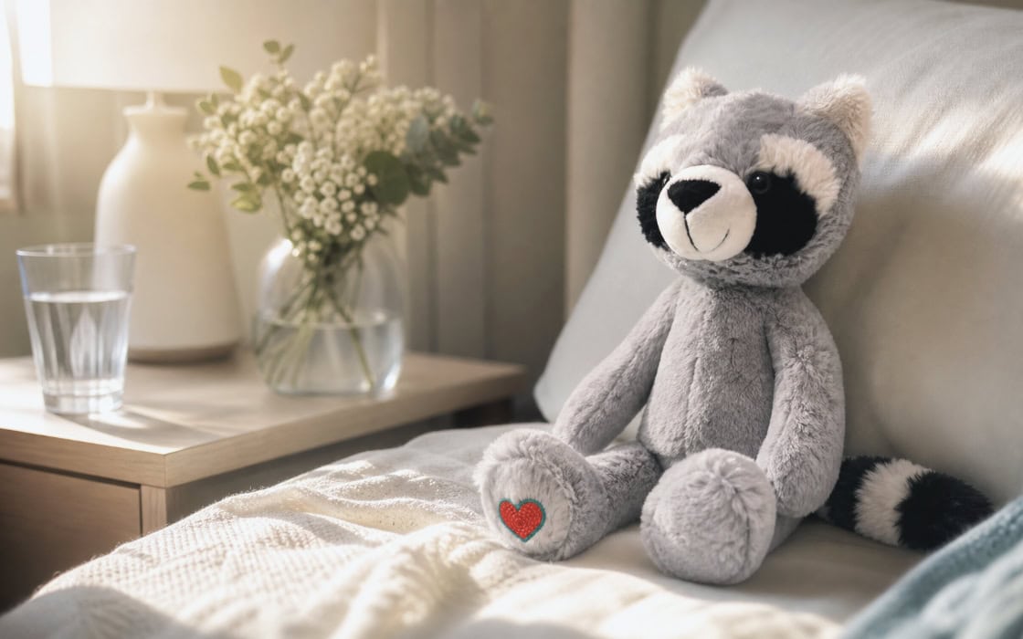 image of heartbeat raccoon on a patient's bedside