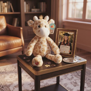 heartbeat giraffe sitting on side table